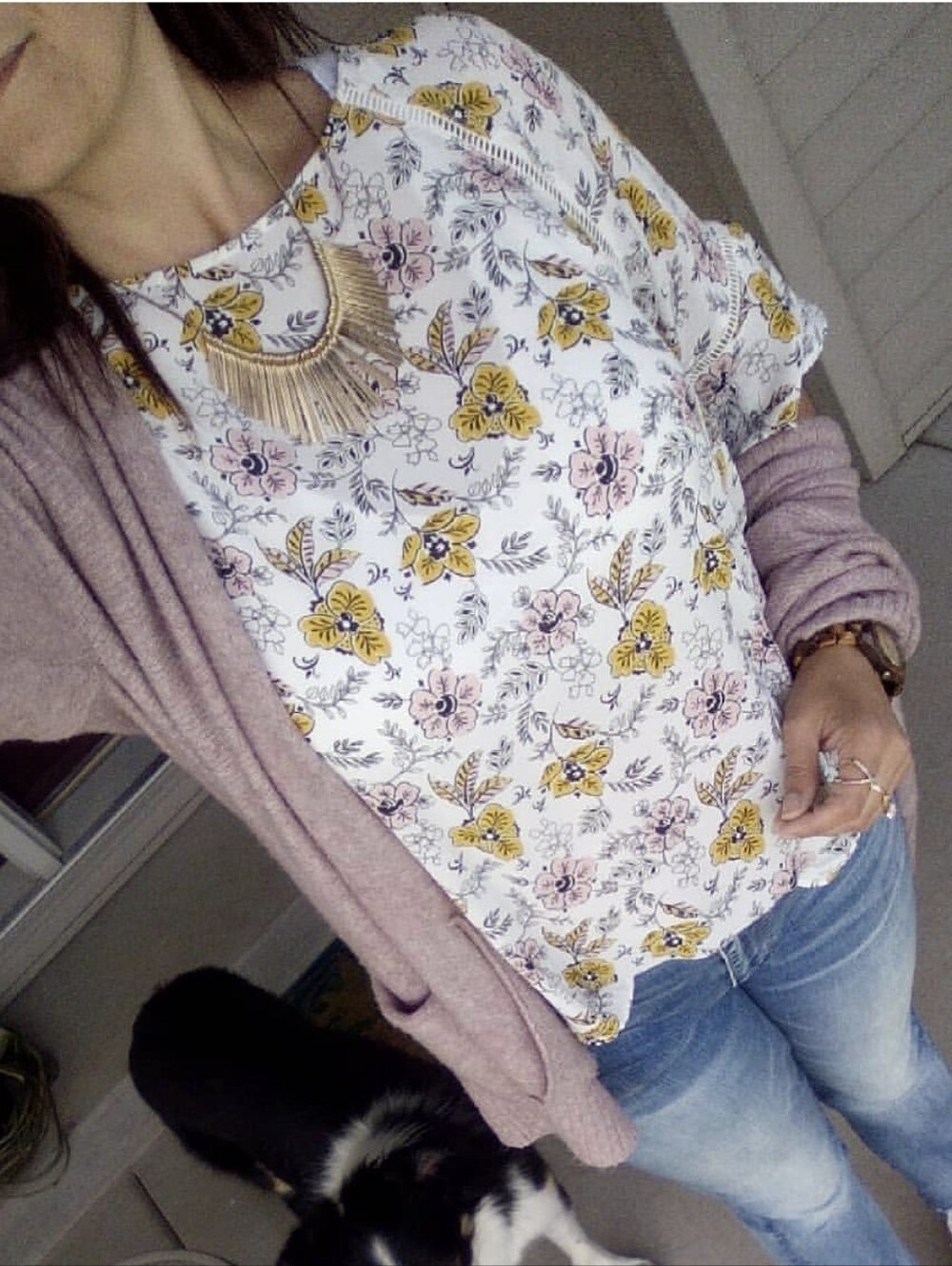 Loft Floral Top Cutout Flounce Mix Media Flutter Bell Sleeve Pink Yellow M